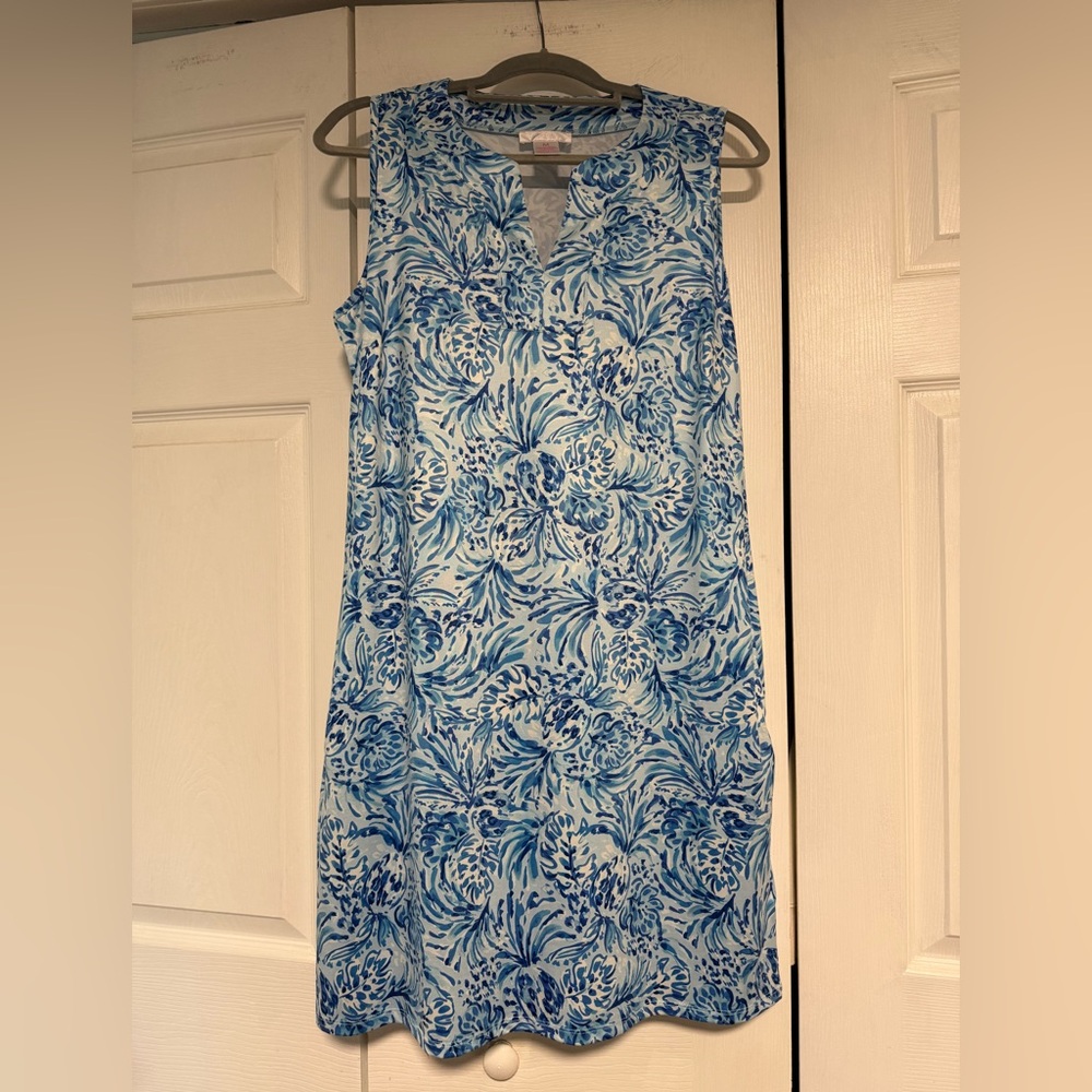 Sleeveless Blue Floral Midi Dress with Notch Neck